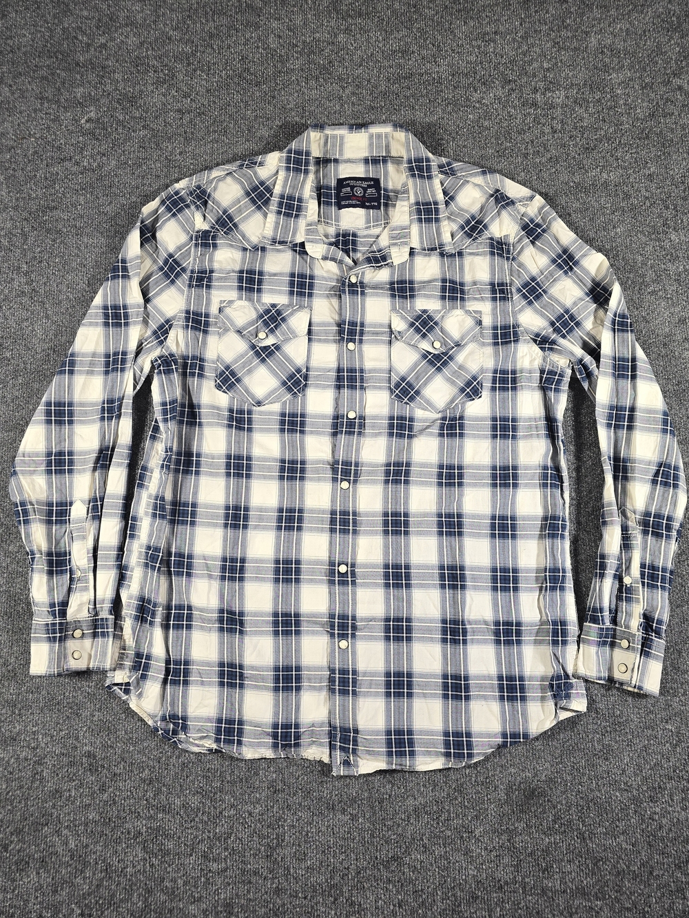 American Eagle Vintage Fit Men's XXL Blue White Plaid Pearl Snap Western Shirt